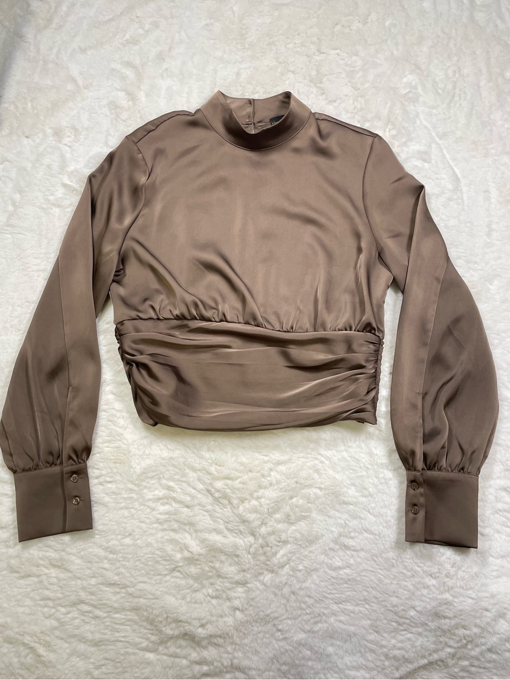 House of Harlow 1960 Taupe Satin High-Neck Cropped Blouse